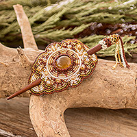 Perlen-Haarnadel, „Coffee Crop“ – handgefertigte braune und goldene Perlen-Haarnadel mit Holzstab