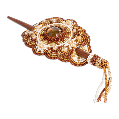 Beaded hairpin, 'Coffee Crop' - Handcrafted Brown & Golden Beaded Hairpin with Wooden Stick