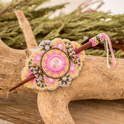 Beaded hairpin, 'Floral Beauty' - Handcrafted Beaded Floral Hairpin with Wooden Stick