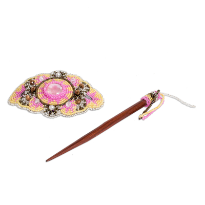 Beaded hairpin, 'Floral Beauty' - Handcrafted Beaded Floral Hairpin with Wooden Stick