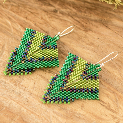 Glass beaded dangle earrings, 'Green Signals' - Handcrafted Green Glass Beaded Dangle Earrings