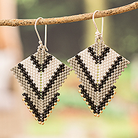 Glass beaded dangle earrings, 'Black & White Signals' - Handcrafted Black and White Glass Beaded Dangle Earrings
