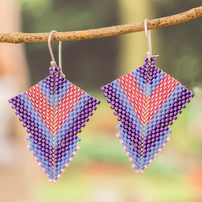 Glass beaded dangle earrings, 'Purple Signals' - Handcrafted Purple and Pink Glass Beaded Dangle Earrings
