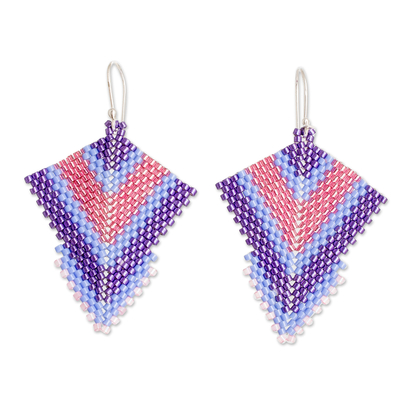 Glass beaded dangle earrings, 'Purple Signals' - Handcrafted Purple and Pink Glass Beaded Dangle Earrings