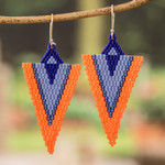 Glass beaded dangle earrings, 'Blue & Orange Directions' - Handcrafted Triangular Blue and Orange Dangle Earrings
