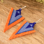 Glass beaded dangle earrings, 'Blue & Orange Directions' - Handcrafted Triangular Blue and Orange Dangle Earrings