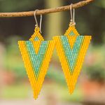 Glass beaded dangle earrings, 'Yellow & Aqua Directions' - Handcrafted Triangular Yellow and Aqua Dangle Earrings