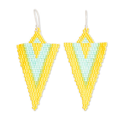 Glass beaded dangle earrings, 'Yellow & Aqua Directions' - Handcrafted Triangular Yellow and Aqua Dangle Earrings