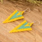 Glass beaded dangle earrings, 'Yellow & Aqua Directions' - Handcrafted Triangular Yellow and Aqua Dangle Earrings
