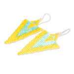 Glass beaded dangle earrings, 'Yellow & Aqua Directions' - Handcrafted Triangular Yellow and Aqua Dangle Earrings