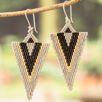 Glass beaded dangle earrings, 'Black & Grey Directions' - Handcrafted Triangular Black and Grey Dangle Earrings