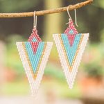 Glass beaded dangle earrings, 'White & Sky Blue Directions' - Handcrafted Triangular White and Sky Blue Dangle Earrings
