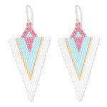 Glass beaded dangle earrings, 'White & Sky Blue Directions' - Handcrafted Triangular White and Sky Blue Dangle Earrings