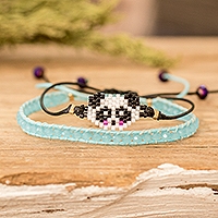 Glass beaded friendship bracelets, 'Panda Bond' (set of 2) - Set of 2 Panda-Themed Blue Glass Beaded Friendship Bracelets