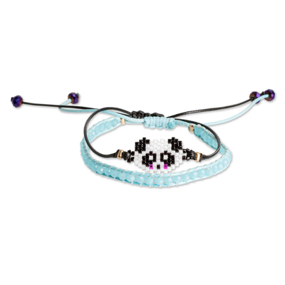 Glass beaded friendship bracelets, 'Panda Bond' (set of 2) - Set of 2 Panda-Themed Blue Glass Beaded Friendship Bracelets