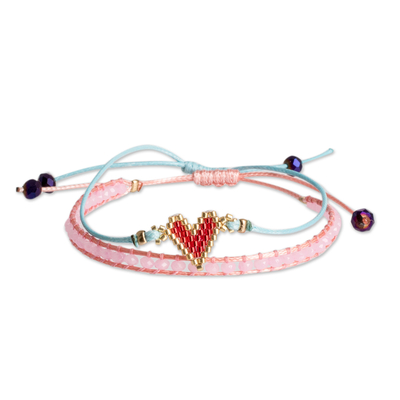 Pulseras de la amistad con cuentas de vidrio (juego de 2) - Conjunto de 2 pulseras de corazón rosa y turquesa hechas a mano