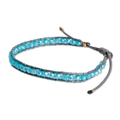 Glass beaded wristband bracelet, 'Aquatic Splendor' - Adjustable Blue and Grey Glass Beaded Wristband Bracelet