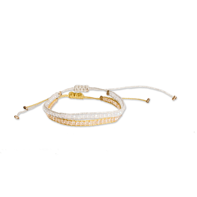 Glass beaded wristband bracelets, 'Sunrise Glow' (set of 2) - Set of 2 Golden and White Glass Beaded Wristband Bracelets