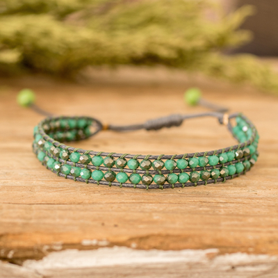 Crystal beaded wristband bracelet, 'Waterfall Way' - Handcrafted Grey and Green Crystal Beaded Wristband Bracelet