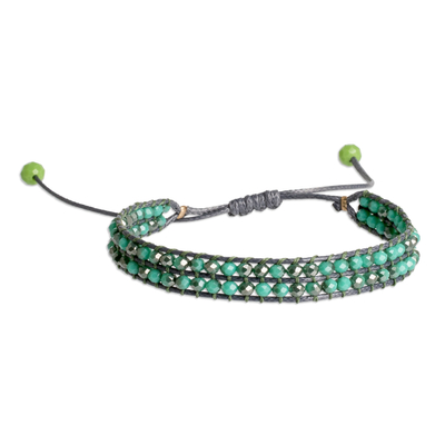 Crystal beaded wristband bracelet, 'Waterfall Way' - Handcrafted Grey and Green Crystal Beaded Wristband Bracelet