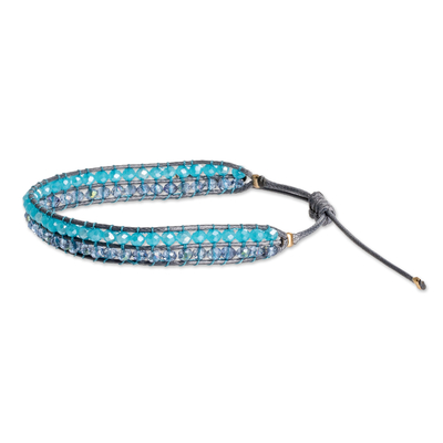 Crystal beaded wristband bracelet, 'Sky Way' - Sky Blue and Grey Crystal Beaded Wristband Bracelet