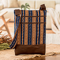 Leather-accented cotton sling bag, 'Charming Paths' - Leather-Accented Handwoven Striped Cotton Sling Bag