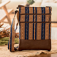 Leather-accented cotton sling, 'Straight Paths' - Striped Cotton Sling Bag in Midnight and Ginger Hues