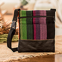 Leather-accented cotton sling, 'Earth Traveler' - Handwoven Adjustable Striped Leather-Accented Cotton Sling