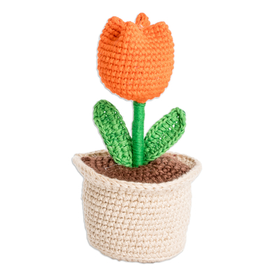 Detalle decorativo de algodón tejido a crochet. - Tulipán naranja de algodón de ganchillo con acento decorativo de jardinera