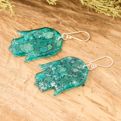 Recycled CD dangle earrings, 'Freedom & Turquoise' - Hand-Shaped Turquoise Recycled CD Dangle Earrings