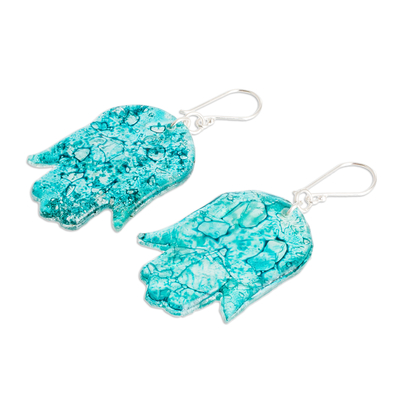 Recycled CD dangle earrings, 'Freedom & Turquoise' - Hand-Shaped Turquoise Recycled CD Dangle Earrings