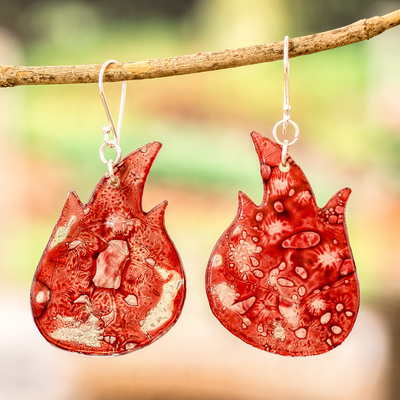 Recycled CD dangle earrings, 'The Red Bonfire' - Eco-Friendly Flame-Shaped Red Recycled CD Dangle Earrings