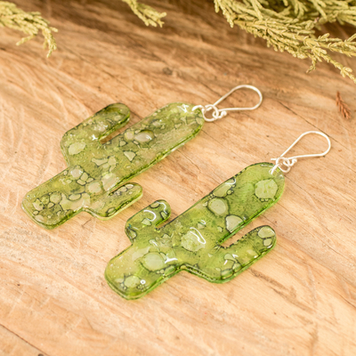 Recycled CD dangle earrings, 'Bright Desert Marvel' - Cactus-Shaped Light Green Recycled CD Dangle Earrings