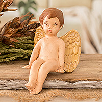 Ceramic sculpture, 'Cherub of Peace' - Hand-Painted Golden Ceramic Sculpture of Little Angel