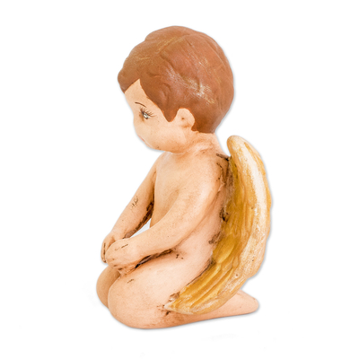 Ceramic sculpture, 'Cherub of Protection' - Hand-Painted Golden Ceramic Sculpture of Little Cherub
