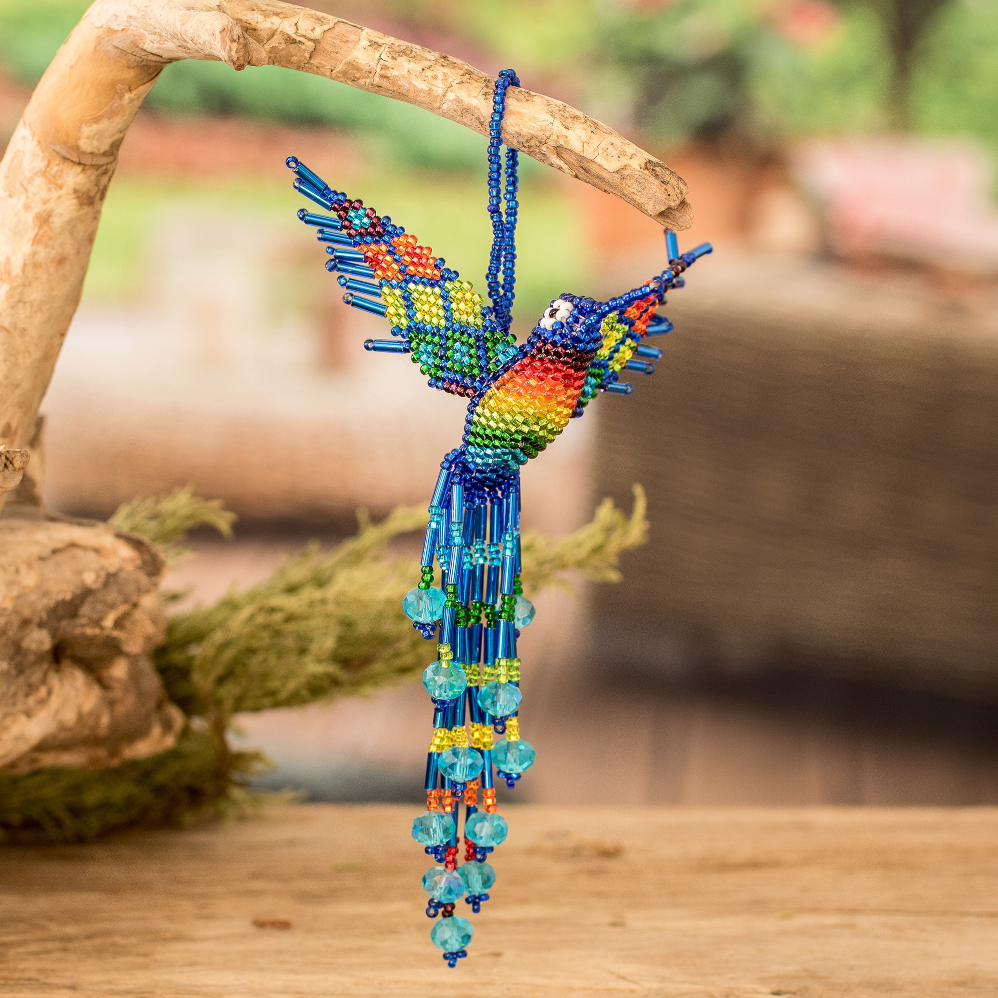 Handmade Hummingbird-Shaped Blue Glass Beaded Keychain, 'Dreamy Flutter