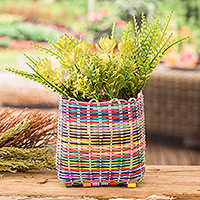 Recycled plastic baskets, 'Floral Thought' (set of 2) - Handcrafted Striped colourful Recycled Plastic Basket