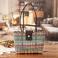 Handwoven tote bag, 'colours of Happiness' - Eco-Friendly Hand-Woven Recycled Vinyl Cord Tote Bag