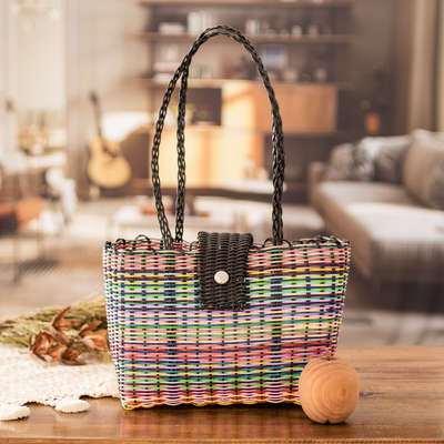Handwoven tote bag, 'Colors of Happiness' - Eco-Friendly Hand-Woven Recycled Vinyl Cord Tote Bag