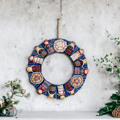 Cotton wreath, 'Guatemala's Union' - Handcrafted Traditional Worry Doll-Themed Blue Cotton Wreath