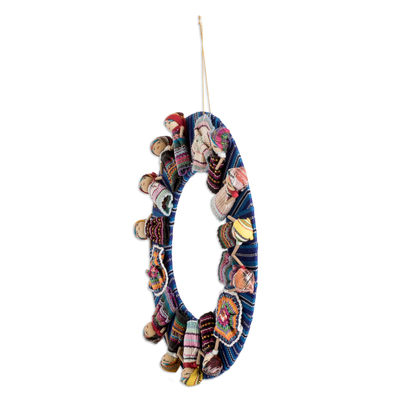 Cotton wreath, 'Guatemala's Union' - Handcrafted Traditional Worry Doll-Themed Blue Cotton Wreath