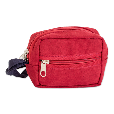 Cotton coin purse, 'Practical Red' - Geometric-Patterned Zippered Red Cotton Coin Purse
