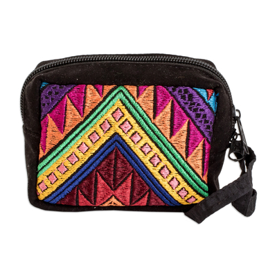 Cotton coin purse, 'Practical Darkness' - Geometric-Patterned Zippered Black Cotton Coin Purse