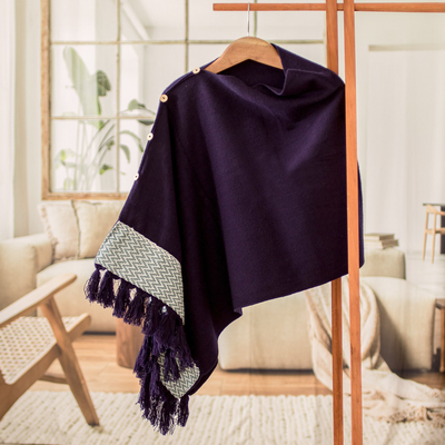 Handloomed poncho, 'Purple Zigzag' - Handloomed Poncho with Zigzag Accents and Tassels in Purple