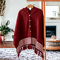Handloomed poncho, 'Burgundy Zigzag' - Handloomed Burgundy Poncho with Zigzag Accents and Tassels