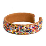 Leather-accented glass beaded cuff bracelet, 'Rainbow Harmony' - Rainbow-Toned Glass Beaded Cuff Bracelet with Leather Accent