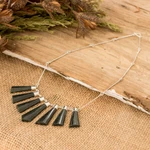 Jade pendant necklace, 'Faceted Droplets' - Sterling Silver Dark Green Jade Multi Bar Pendant Necklace