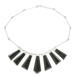 Jade pendant necklace, 'Faceted Droplets' - Sterling Silver Dark Green Jade Multi Bar Pendant Necklace