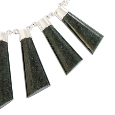 Jade pendant necklace, 'Faceted Droplets' - Sterling Silver Dark Green Jade Multi Bar Pendant Necklace