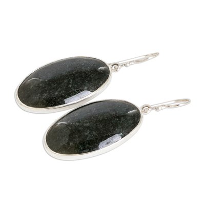 Jade dangle earrings, 'Maya Splendor' - 925 Silver Dangle Earrings with Oval Dark Green Jade Stones